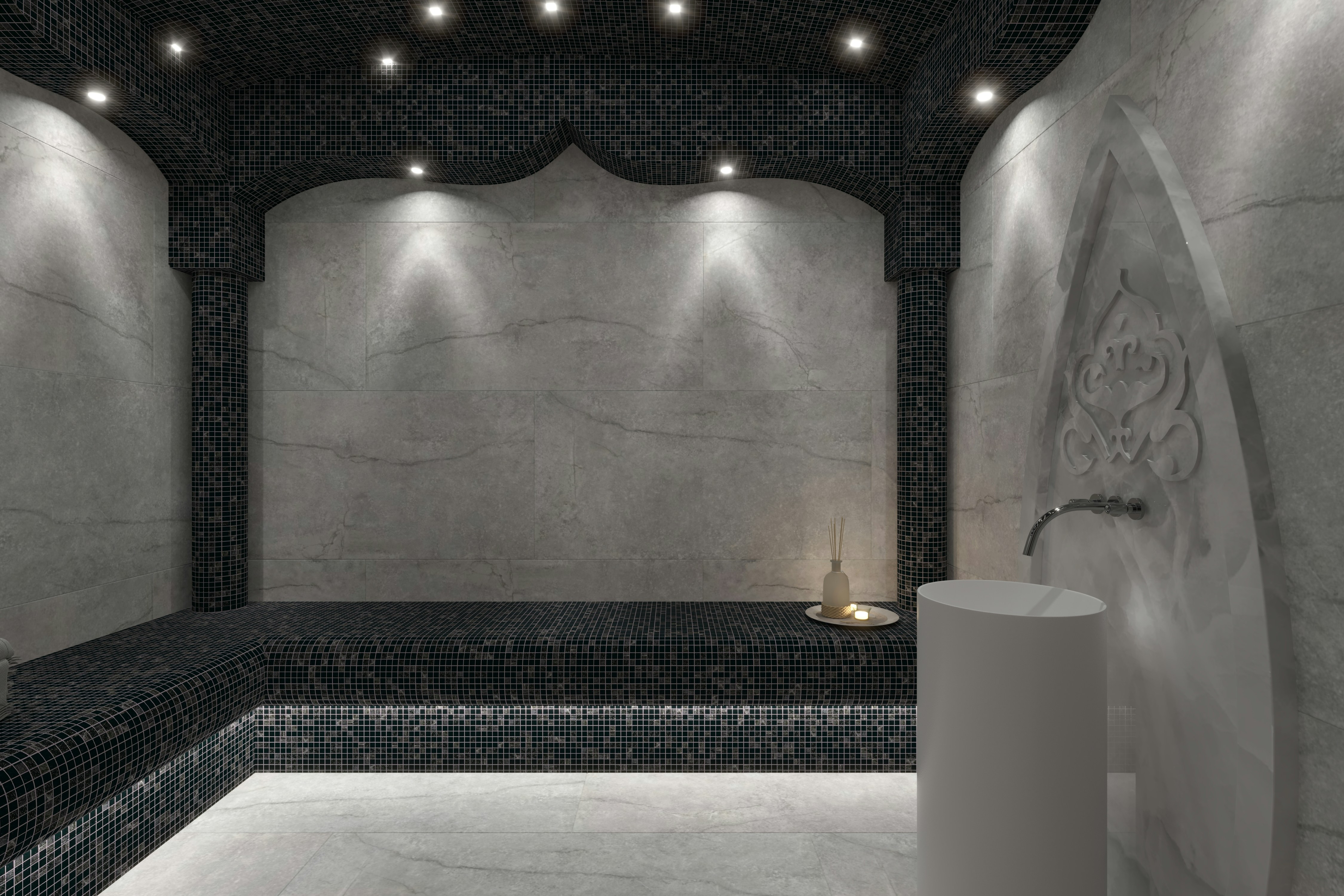 Intérieur d'un hammam traditionnel tunisien : voûtes, marbre clair, vapeur, atmosphère ancienne